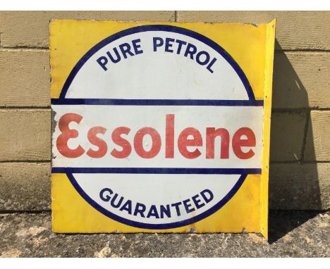 An Essolene Pure Petrol Guaranteed double sided enamel sign with hanging flange (re-attached), with some restoration adjacent