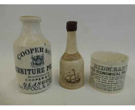 A Cooper & Co's Furniture Polish stoneware pot, a Bidmead's Celebrated Economical Polishing Paste pot and a Hawker's sloe gin