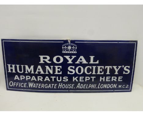 A Royal Humane Society's Apparatus Kept Here rectangular enamel sign with two small retouched spots, 34 x 14".