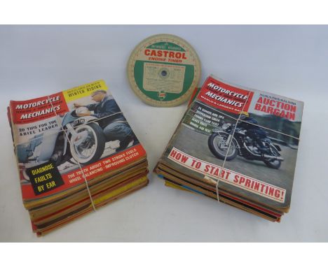 A collection of Motorcycle, Scooter & Three Wheeler Mechanics magazines and a Castrol Engine Timer gauge.