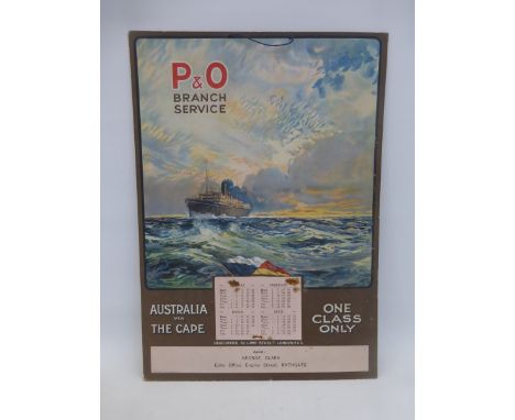 A P. & O. Brand Service pictorial showcard calendar for 1920, with all three date sheets intact, 13 1/2 x 19 1/4".