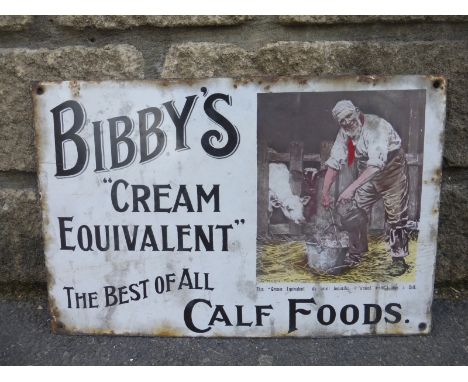 A Bibby's "Cream Equivalent"part pictorial rectangular enamel sign - the best of all Calf Foods, 17 1/2 x 11 1/2".
