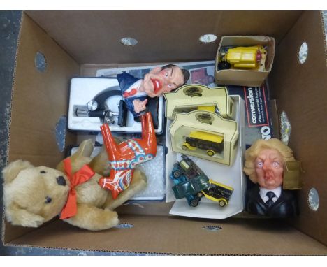 An assortment of mixed collectables including Spitting Image, die-cast, a microscope, a Merry Thought teddy bear, Meccano etc