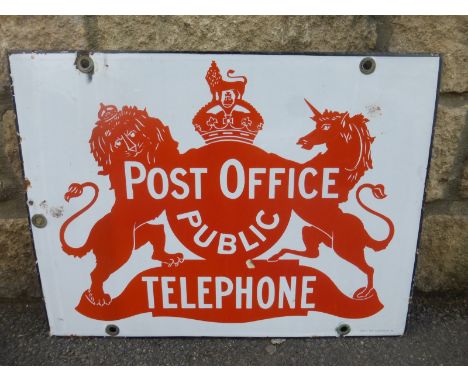 A good and early Post Office and Public Telephone double sided rectangular enamel sign in excellent condition, by Bruton of L