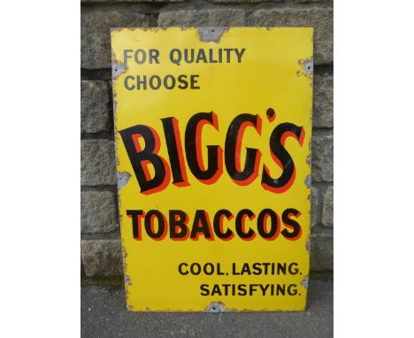 A Bigg's Tobaccos "Cool, Lasting, Satisfying" rectangular enamel sign, with unusual lettering design, 20 x 30".