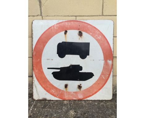 A Tank and Military Vehicle Warning enamel sign, 24 x 24".