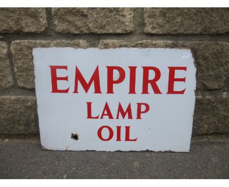 An Empire Lamp Oil double sided enamel sign, lacking hanging flange, 17 1/2 x 12".