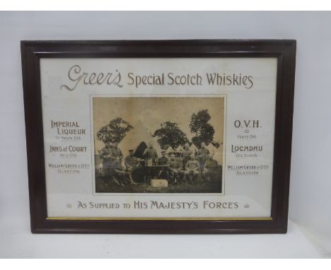 A rare William Greer & Co. Ltd Special Scotch Whiskies pictorial showcard depicting early soldiers in the field, set within t