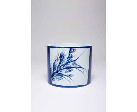 A CHINESE UNDERGLAZE BLUE AND COPPER-RED BRUSHPOT, BITONG KANGXI 1662-1722 Freely painted with two large panels, one containi