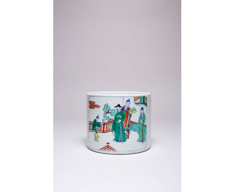 A LARGE CHINESE DOUCAI 'FIGURAL' BRUSHPOT, BITONG KANGXI 1662-1722 Painted with two similar scenes of a young scholar offerin