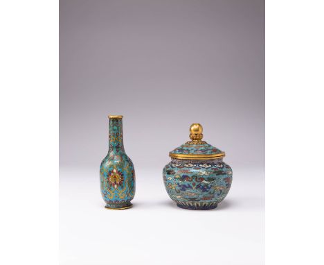 A CHINESE CLOISONNE ENAMEL BOTTLE VASE AND A JAR AND COVER QIANLONG MARK AND OF THE PERIOD 1736-95 AND 18TH CENTURY The bottl