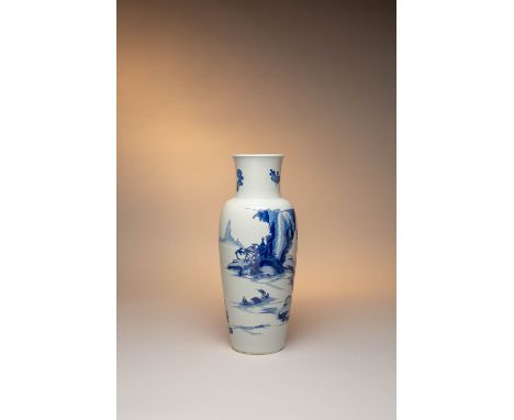 A GOOD CHINESE BLUE AND WHITE BALUSTER 'LANDSCAPE' VASE KANGXI 1662-1722 The body painted with a continuous scene of an idyll