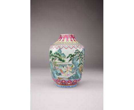 A RARE CHINESE FAMILLE ROSE 'IMMORTALS' VASE SIX CHARACTER QIANLONG MARK AND OF THE PERIOD 1736-95 The ovoid body painted wit