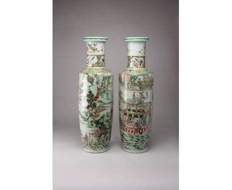 *A MASSIVE PAIR OF CHINESE FAMILLE VERTE 'DRAGON BOAT' ROULEAU VASES QING DYNASTY Each cylindrical body finely painted with a