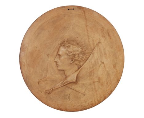 ALEXANDER MUNRO (1825-1871)TERRACOTTA PORTRAIT ROUNDEL moulded in relief as a portrait of a man with bat wings, bears artist'