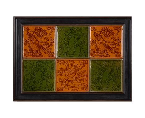 MAW &amp; CO., BROSELEY, SHROPSHIRESIX AESTHETIC MOVEMENT FRAMED WALL TILES, CIRCA 1880 glazed in green and ochre glazes and 