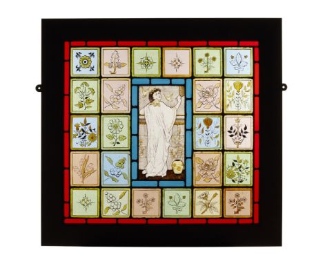 ENGLISH SCHOOL, IN THE MANNER OF EDWARD WILLIAM GODWINAESTHETIC MOVEMENT STAINED LEADED AND PAINTED GLASS PANEL, CIRCA 1880 t
