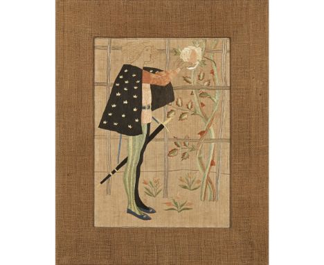 ARTHUR GASKIN (1862-1928)'THE PRINCE AND THE ROSE BUSH', EMBROIDERED PANEL WITH PRINTED DESIGN, CIRCA 1900 the EMBROIDERED PA
