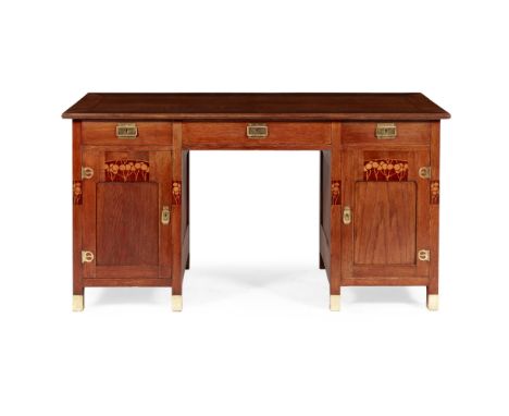 AUSTRIAN SCHOOL, MANNER OF PORTOIS &amp; FIXSECESSIONIST INLAID OAK KNEEHOLE TWIN PEDESTAL DESK, CIRCA 1900 the rectangular c