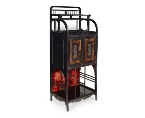JAMES LAMB, MANCHESTERAESTHETIC MOVEMENT EBONISED AND COROMANDEL INLAID MUSIC CABINET, CIRCA 1880 the superstructure with spi
