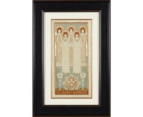 ARTS &amp; CRAFTSEMBROIDERED SILKWORK PANEL, CIRCA 1910 worked in coloured silks with five ascending angels, playing musical 