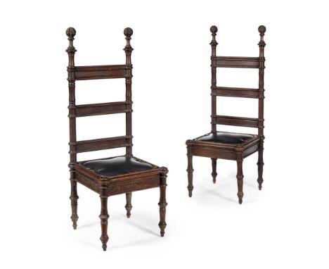 MANNER OF EUGÈNE EMMANUEL VIOLLET-LE-DUCPAIR OF FRENCH SCHOOL GOTHIC REVIVAL OAK LADDER BACK SIDE CHAIRS, CIRCA 1875 each wit
