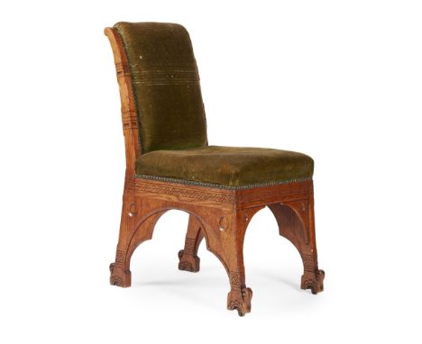 JOHN MOYR SMITH (1839-1912)AESTHETIC MOVEMENT GREEK REVIVAL OAK CHAIR, CIRCA 1880 the original embossed silk velvet upholster