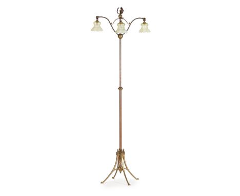 WILLIAM ARTHUR SMITH BENSON (1854-1924)ARTS &amp; CRAFTS BRASS AND COPPER EXTENDING FLOOR LAMP, CIRCA 1900 with three curved 