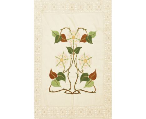 ARTS &amp; CRAFTSFITTED AND EMBROIDERED LINEN BEDSPREAD, CIRCA 1910 worked in coloured silks with panels of stylised flowerin