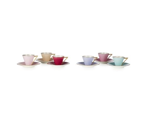 MANNER OF CHRISTOPHER DRESSER FOR GEORGE JONESAESTHETIC MOVEMENT POLYCHROME COFFEE SET, CIRCA 1876 with gilt decoration, each