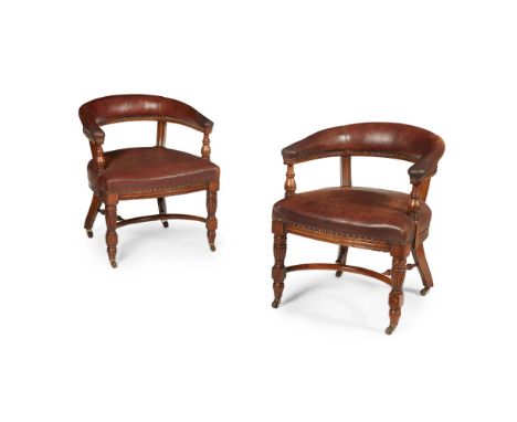 ALFRED WATERHOUSE (1830-1905)PAIR OF AESTHETIC MOVEMENT OAK CLUB ARMCHAIRS, CIRCA 1880 with leather upholstery, the curved pa