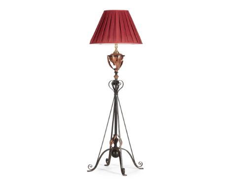 WILLIAM ARTHUR SMITH BENSON (1854-1924)COPPER AND WROUGHT IRON EXTENDING STANDARD LAMP, CIRCA 1900 with a copper reservoir fl