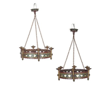 AUGUSTUS WELBY NORTHMORE PUGIN (1812-1852)PAIR OF GOTHIC REVIVAL PAINTED IRON AND BRASS MOUNTED CHANDELIERS, CIRCA 1850 each 