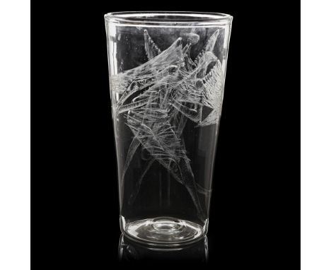 JOHN HUTTON (1906-1978) FOR WHITEFRIARS GLASSRARE 'COVENTRY CATHEDRAL' ETCHED GLASS VASE, CIRCA 1962 engraved with angels pla