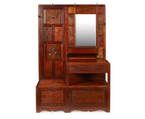 HOLLAND &amp; SONSAESTHETIC MOVEMENT OAK AND ELM HALLSTAND, CIRCA 1880 the rectangular panelled back mounted with hat pegs, w