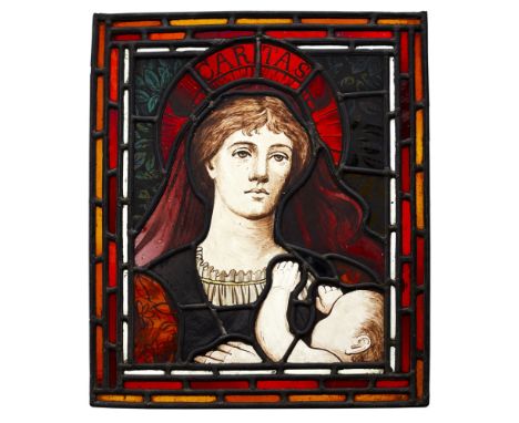DANIEL COTTIER (1838–1891)AESTHETIC MOVEMENT STAINED, PAINTED AND LEADED GLASS PANEL, CIRCA 1870 depicting a mother and child