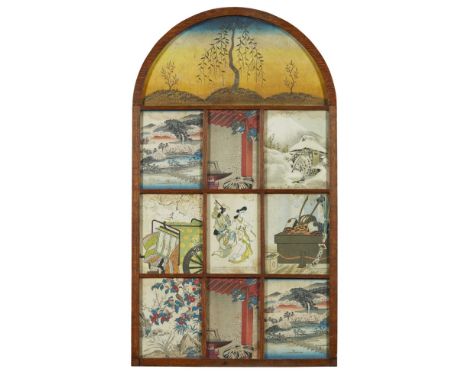 GROUP OF FRAMED JAPANESE PRINTS, 1920'S AND EARLIER the arched and divided frame filled with fragments from 19th century Japa