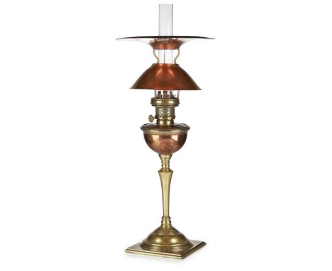 WILLIAM ARTHUR SMITH BENSON (1854-1924)RARE ARTS &amp; CRAFTS BRASS AND COPPER TABLE LAMP, CIRCA 1890 with flared reflector r