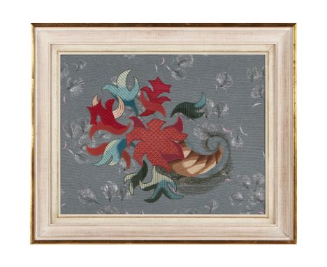 ROYAL SCHOOL OF NEEDLEWORKEMBROIDERED AND APPLIQUÉ PANEL, DATED 1957 worked with coloured material and threads on a printed a