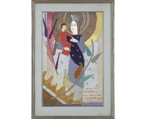 ENGLISH SCHOOLEMBROIDERED AND APPLIQUÉ PANEL, CIRCA 1960 worked in coloured threads and fabrics and depicting the Virgin and 