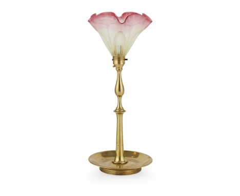 MANNER OF C.F.A. VOYSEY FOR THOMAS ELSLEY &amp; CO.ARTS &amp; CRAFTS BRASS TABLE LAMP, CIRCA 1905 the filled opaline shade wi