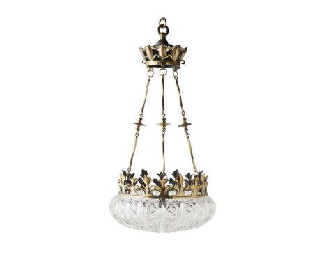 MANNER OF C.F.A. VOYSEYARTS &amp; CRAFTS BRASS MOUNTED HANGING LIGHT, CIRCA 1900 flattened ovoid cut glass shade, supported b