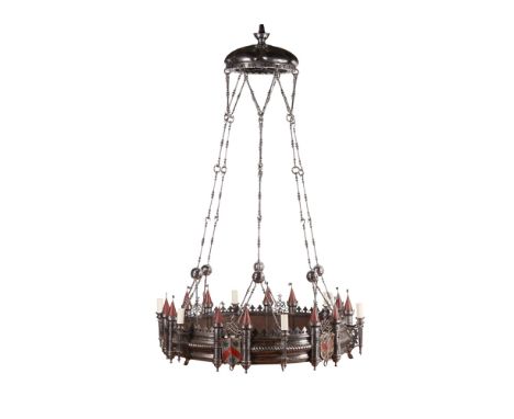 GOTHIC REVIVAL, OF ALFRED WATERHOUSE INTERESTSIX-LIGHT WROUGHT AND PAINTED STEEL CHANDELIER, CIRCA 1880 the corona suspending