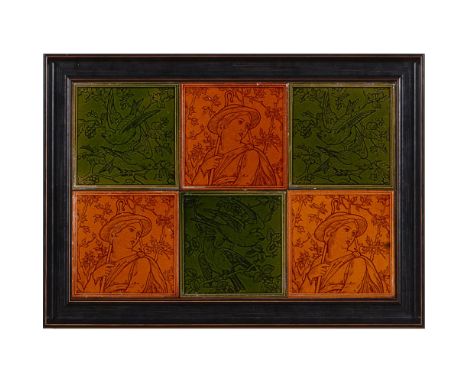 MAW &amp; CO., BROSELEY, SHROPSHIRESIX AESTHETIC MOVEMENT FRAMED WALL TILES, CIRCA 1880 glazed in green and ochre glazes and 