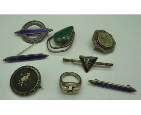 A Victorian silver brooch, a Pietra dura brooch, three silver and enamel badges, two pins a/f, a silver ring, etc.