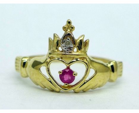 A 9ct gold, ruby and diamond ring, weight 1.3g, size N