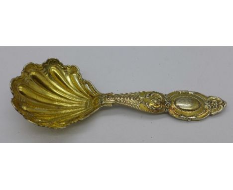 A Victorian silver gilt caddy spoon, London 1855, Francis Higgins