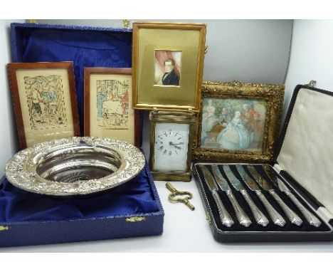 Four framed Eliott pictures, three other pictures, a carriage clock, postcard booklets, six silver handled knives and a coast