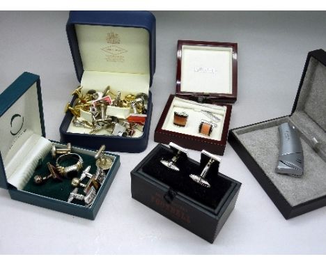 Three pairs of silver cufflinks and a silver ring, other cufflinks including Denyl and a Pierre Cardin lighter