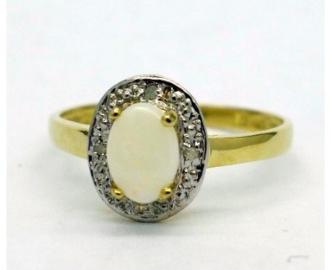 A 9ct gold, opal and diamond ring, weight 1.3g, size P